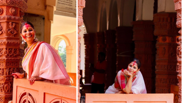 Rashi Sharma poses in a laal-paar shada at CR Park's Kali Mandir