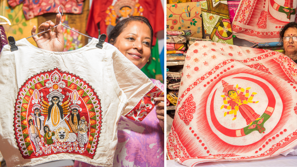 Hand-embroidered and handwoven saris and blouses are on offer