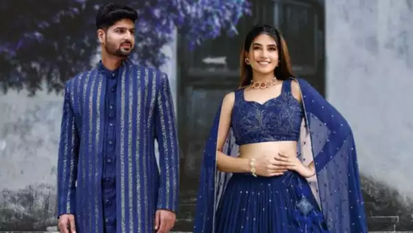 Royal blue sherwani and lehenga