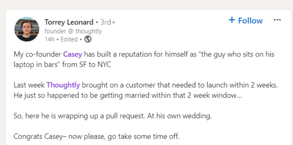 A screenshot of LinkedIn post by Torrey Leonard