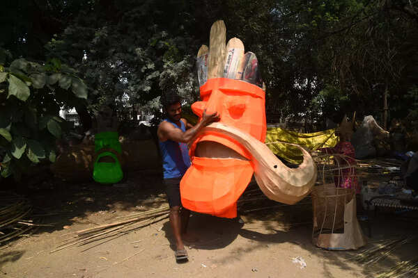 Effigy makers in Gurgaon sector 14 are now giving final touches to their Ravanas