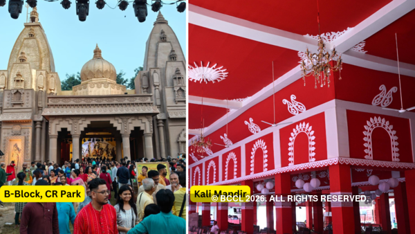CR Park's B-Block pandal looks like Kashi Vishwanath temple and Kali Mandir pandal is inspired by alpona motifs