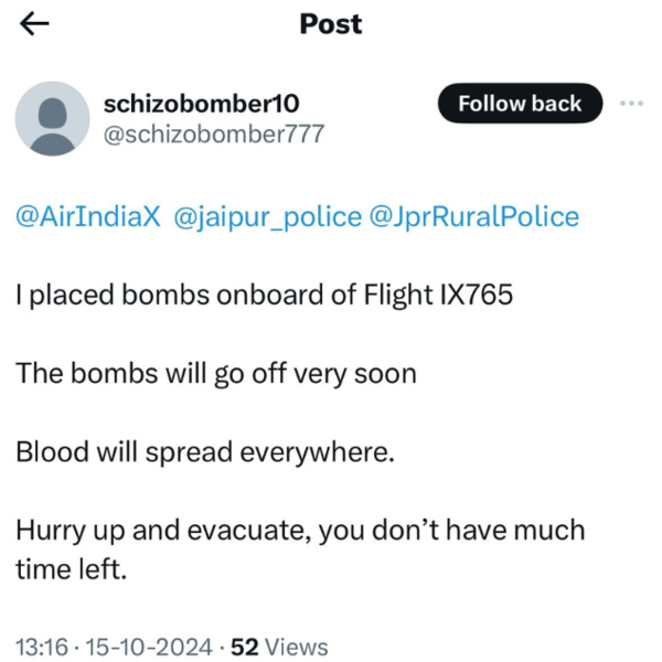 Bomb threat to flight IX765