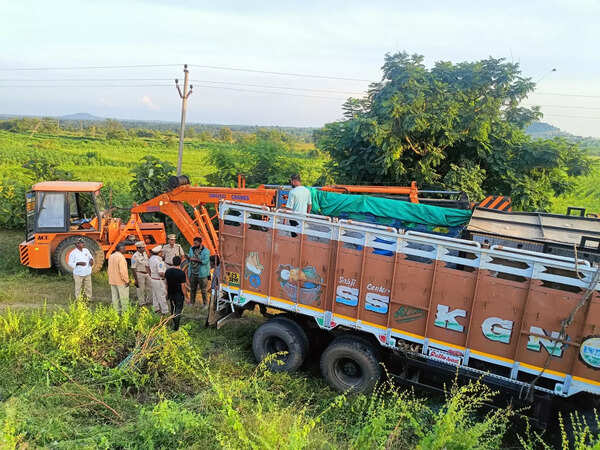 Wild animal transport Lorry overturns in Telangana's Nirmal district
