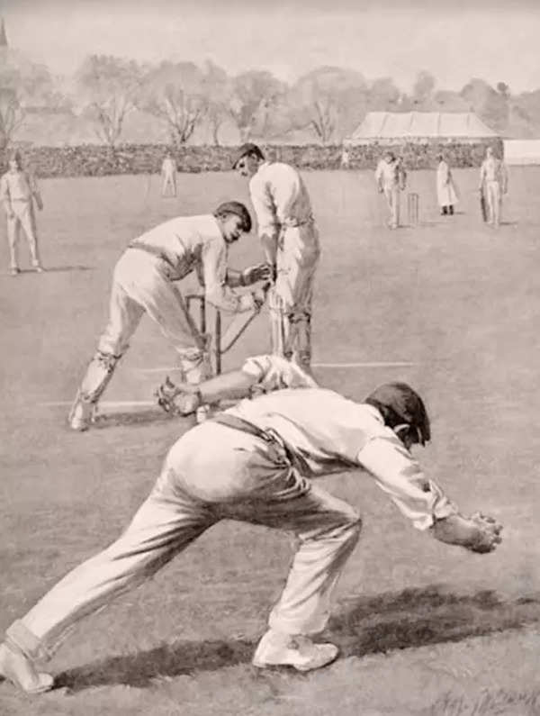 A vintage illustration featuring a sensational catch by Len Braund of England dismissing Clem Hill of Australia during 1st Test match at Edgbaston in Birmingham, circa May 1902 published in "Black & White" on June 7 1902 (Photo/Getty Images)