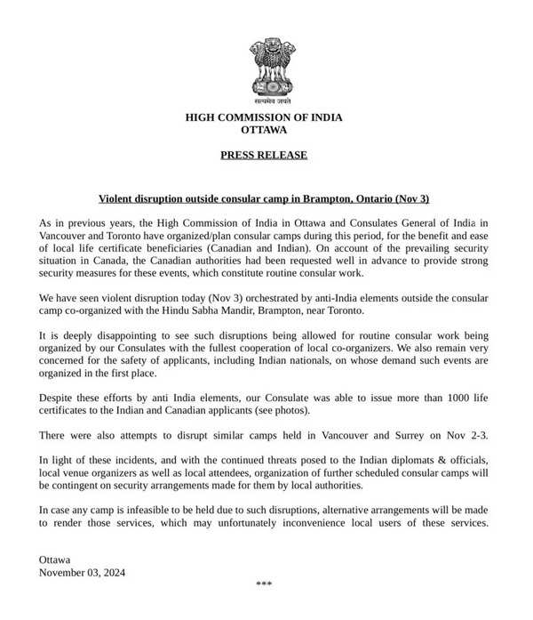 High Commission of India in Ottawa's statement.