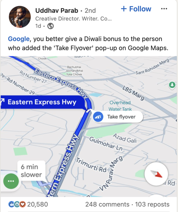 Uddhav Parab LinkedIn post on Google Maps feature