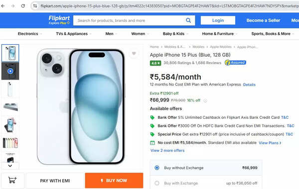 A screengrab of iPhone 15 Plus listing on Flipkart