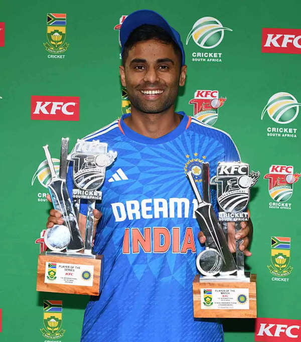 Suryakumar Yadav with the Man of the Match and Man of the Series trophies at the Wanderers on December 14, 2023 in Johannesburg. (Photo by Lee Warren/Gallo Images/Getty Images)