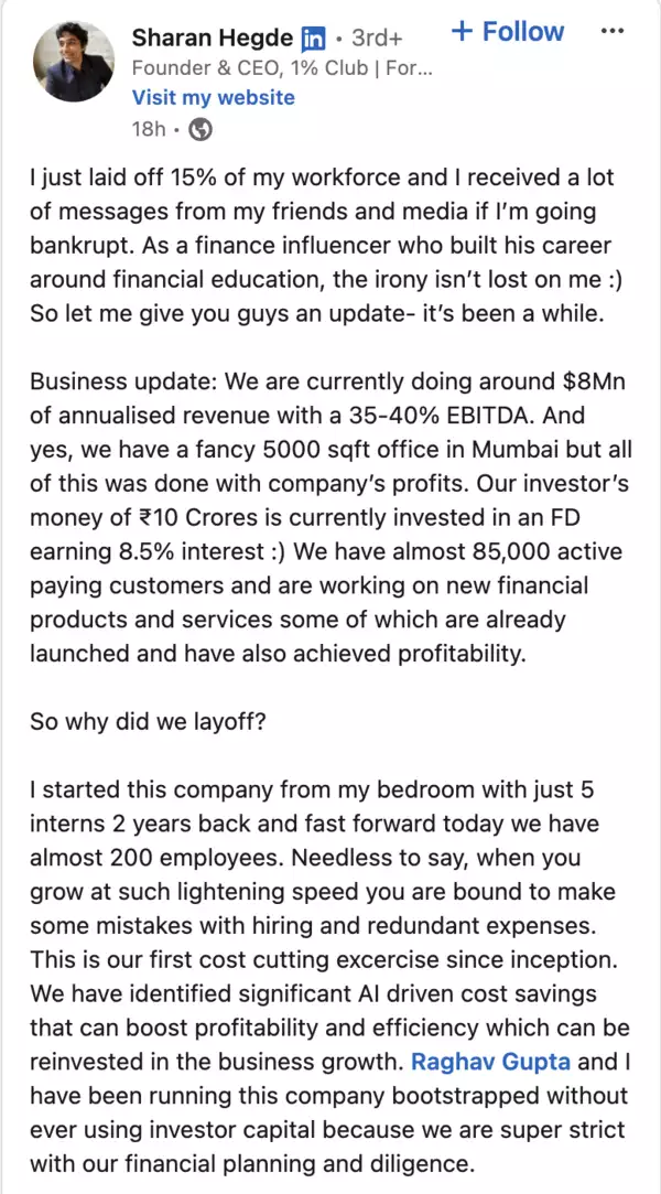 Sharan Hegde layoff post on LinkedIn