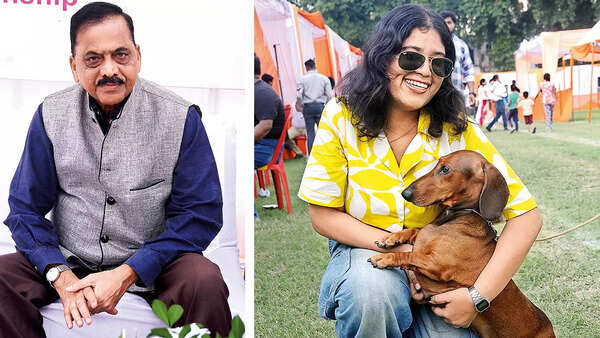 (L) CV Sudarsan (R) Dr Navneet Tandon with Ballu, Dachshund