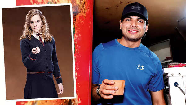 Neeraj Chopra in Lucknow and (inset) Emma as Hermione in Harry Potter (BCCL/ Aditya Yadav; Photo op courtesy Under Armour)