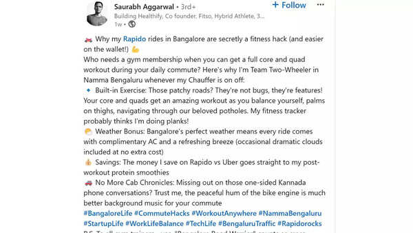 Bengaluru entrepreneur compares city’s potholes to a gym workout in viral post