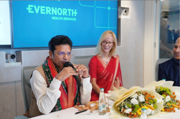 IT & industries minister Duddilla Sridhar Babu with Noelle Eder, Global Chief Information officer, Cigna group, at the inauguration of Evernorth GCC facility in Hyderabad on Tuesday