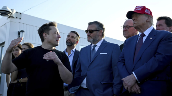 Elon Musk as senator Ted Cruz, R-Texas, center, listens before attending a viewing of the launch (Pic credit: AP)