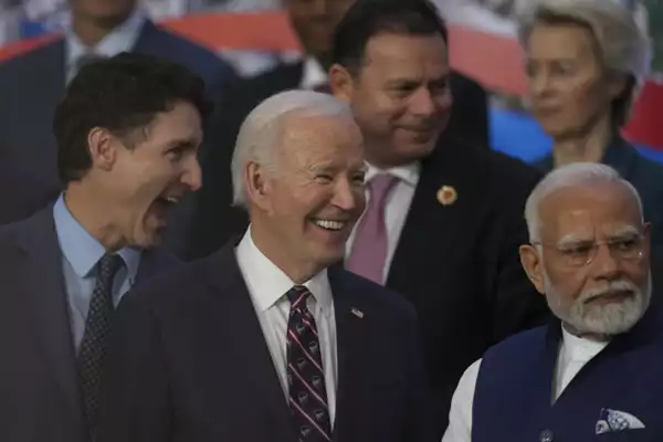 Canada's PM Justin Trudeau, from left, US President Joe Biden and PM Narendra Modi gather for a G20 Summit world leaders' group photo, in Rio de Janeiro. (AP)