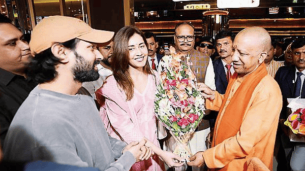 Actors Vikrant Massey and Raashii Khanna with Chief Minister Yogi Adityanath in Lucknow on Thursday