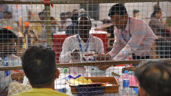 Visuals of the vote counting for Constituency 184 Byculla, Maharashtra Assembly 2024, starting at Richardson and Crudas, Mumbai.