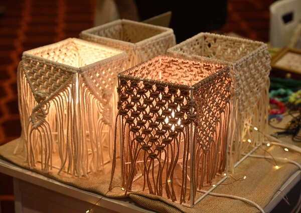 Macrame lamps made by artists from Kerala