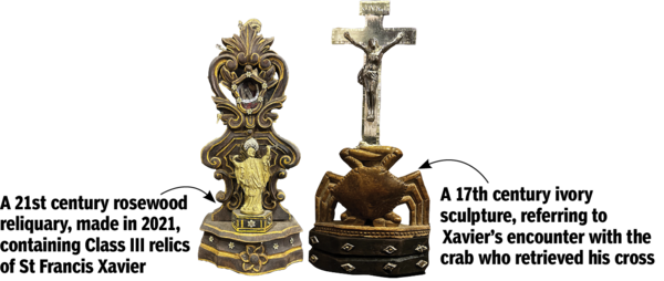 Rosewood reliquary & ivory sculpture of St Francis Xavier
