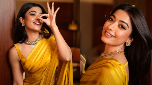 Rashmika Mandanna in shiny yellow sari
