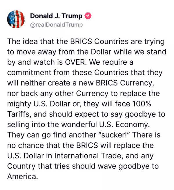 Trump threatens 100% tariffs on Brics nations over plans to replace US Dollar