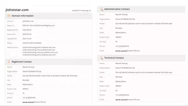 A screenshot of WHOis Jiohotstar.com records