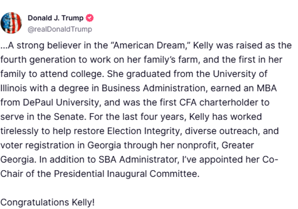 Kelly was also named co-chair of the Presidential Inauguration Committee