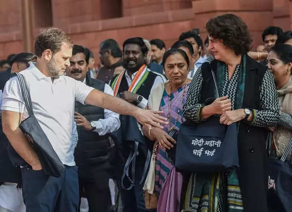 Leader of Opposition in Lok Sabha Rahul Gandhi with Congress MP Priyanka Gandhi Vadra and other Opposition MPs during a protest over the Gautam Adani indictment issue during the Winter Session, at Parliament in New Delhi on Tuesday. (ANI)