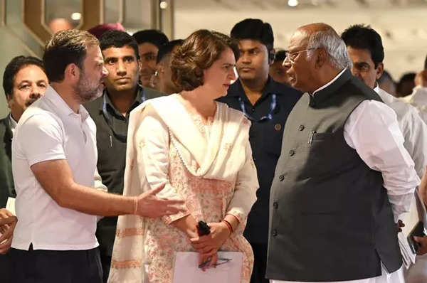 Rahul Gandhi, Priyanka Gandhi, and Mallikarjun Kharge.