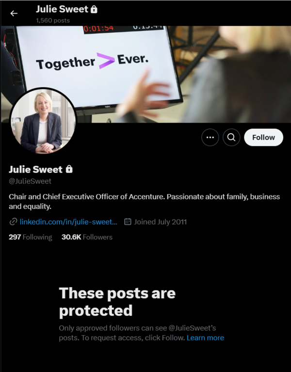 Screenshot of Julie Sweet's X profile