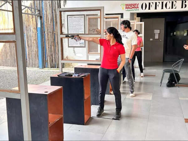 Manu Bhaker practices at the Manav Rachna Shooting Range.