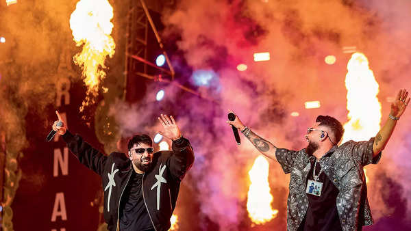 Badshah and Karan grooving on the stage. Punjabi music fans were in for several surprises when Aujla performed in Gurgaon on Sunday