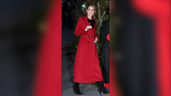 Kate Middleton in red full-length coat