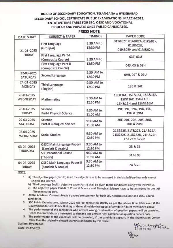 TS SSC 2025 date sheet notice (via X)