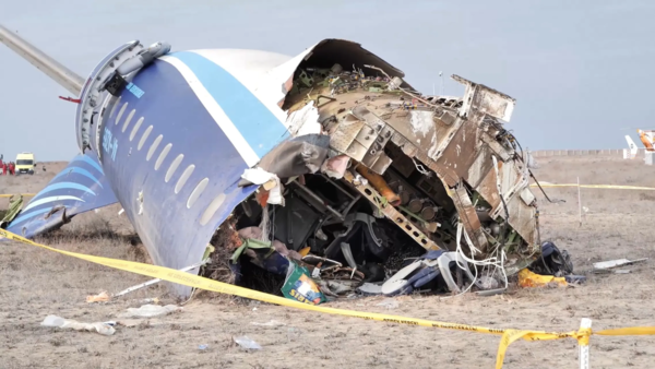 The wreckage of Azerbaijan Airlines Embraer 190 lies on the ground near the airport of Aktau (Pic credit: AP)