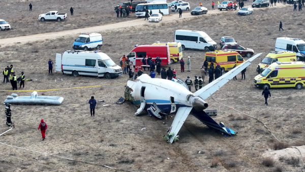 The wreckage of Azerbaijan Airlines Embraer 190 lies on the ground near the airport of Aktau (Pic credit: AP)