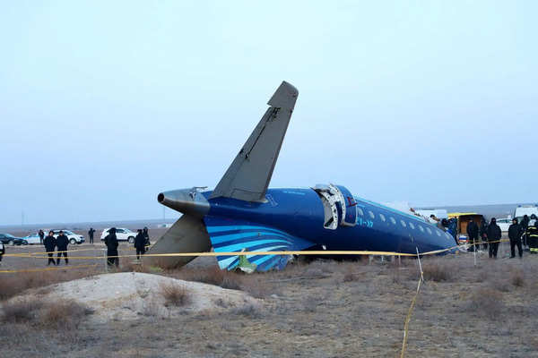 A view shows the wreckage of a passenger plane at the crash site near Aktau