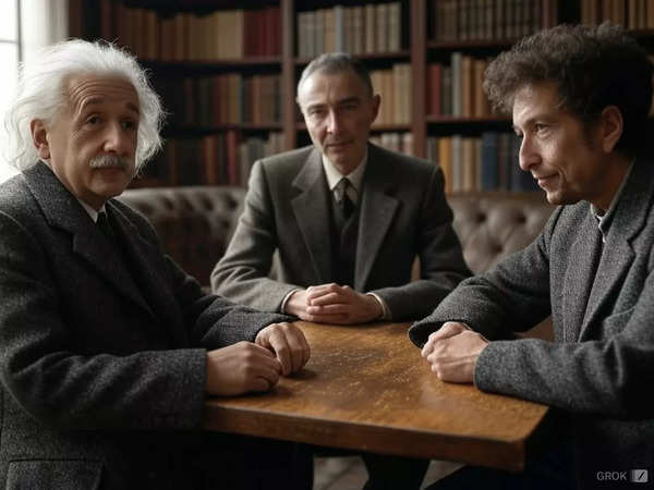 Albert Einstein, Robert Oppenheimer and Bob Dylan (AI Image Generated by Grok-2)