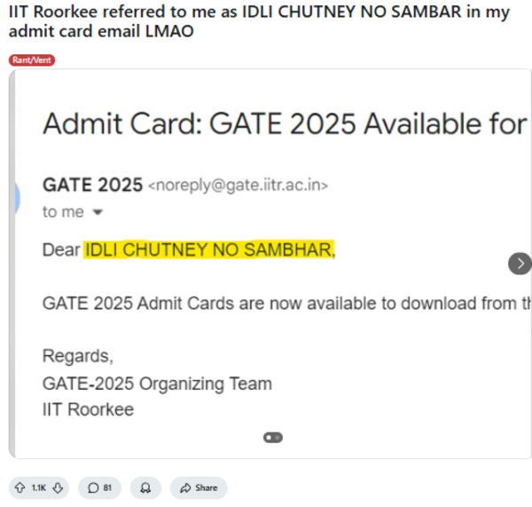 dear idli chutney no sambar email sent to user