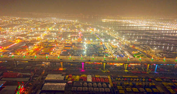 Prayagraj, Jan 15 (ANI): An aerial view of illuminated Triveni Sangam during Mah...