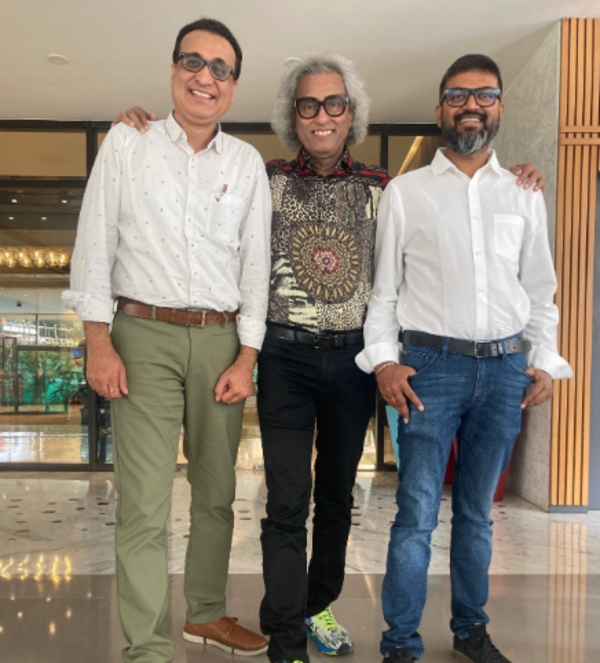 Dr Bhaskar Das flanked by two of his colleagues from MICA.From left, Anirudh Kalia, Dr Bhaskar Das and Dr Santosh Patraon the right