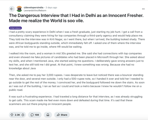 Delhi software engineer's Reddit post on job scam