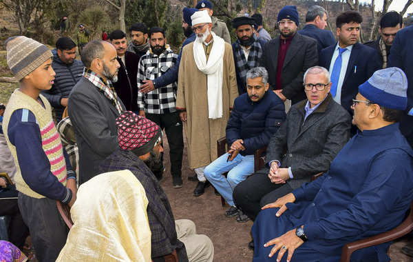 Rajouri: J&K Chief Minister Omar Abdullah during a visit to Badhaal village, whe...