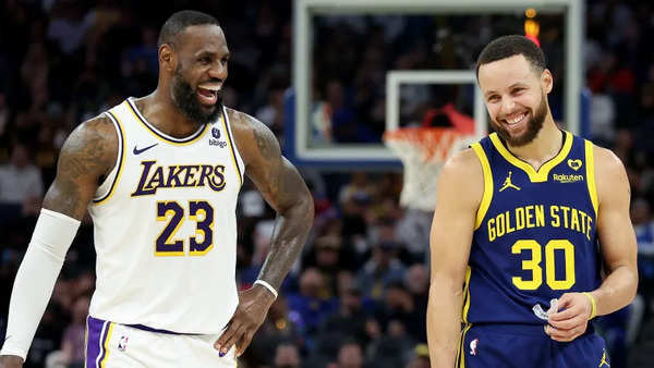 Los Angeles Lakers forward LeBron James left and Golden State Warriors guard Stephen Curry right during the game at Chase Center on Jan 27 in San Francisco.