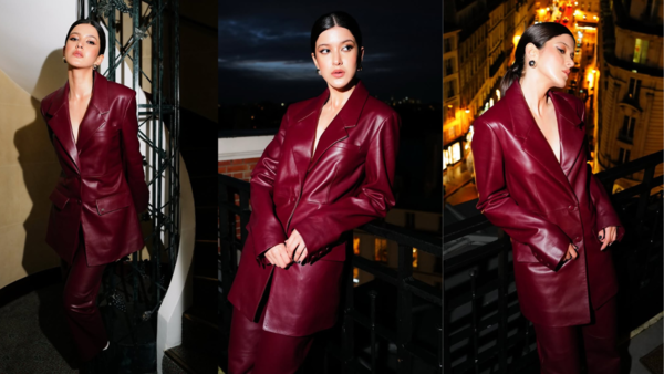Shanaya wore a burgundy-ruby red pantsuit set
