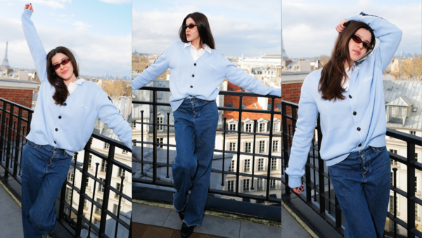 Shanaya in pastel blue cardigan
