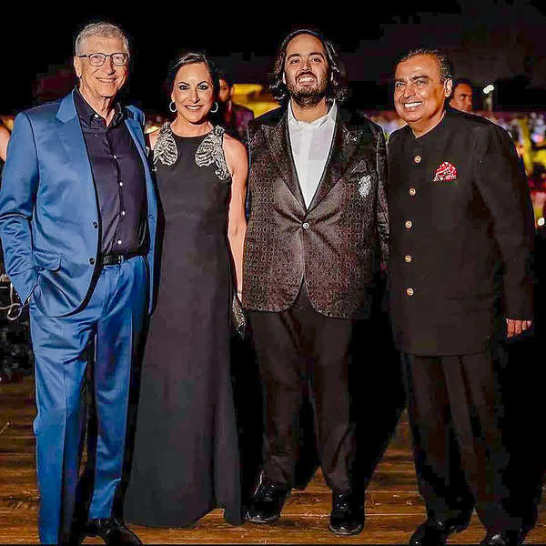 Bill Gates and Paula Hurd with Reliance Industries Chairman Mukesh Ambani and his son Anant Ambani at the latter's pre-wedding bash, in Jamnagar