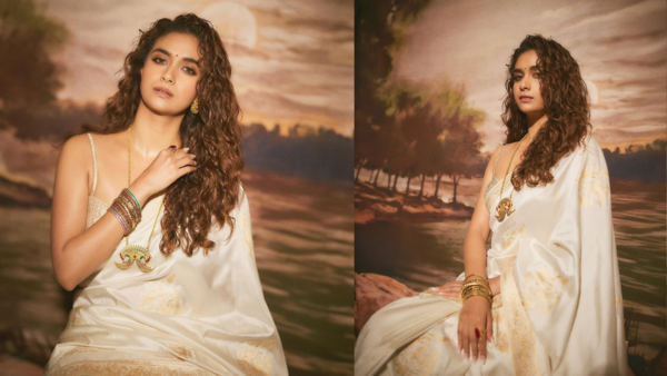Keerthy in an ivory Ekaya saree
