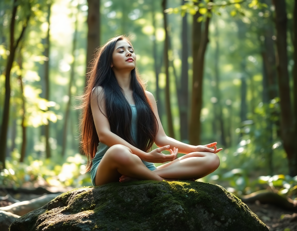A young woman finds peace within the quiet embrace of the forest. Forest Meditation